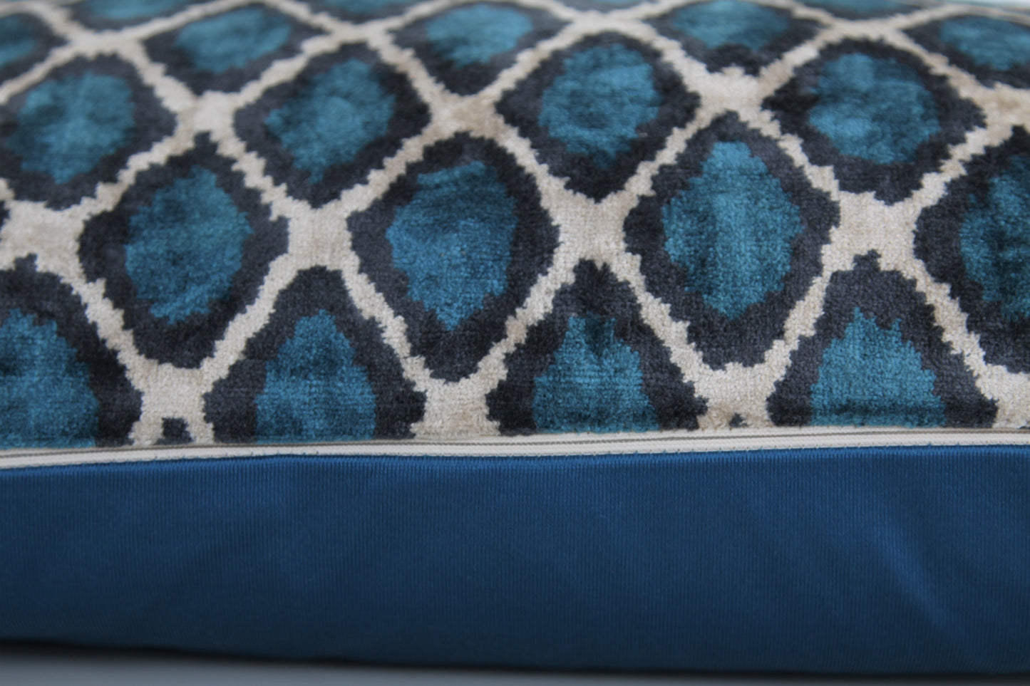 Silk Ikat Velvet Blue and White Harem Motif Cushion