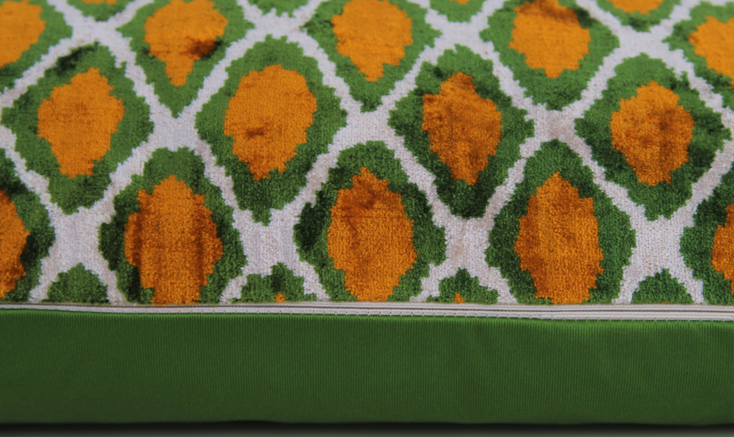 Silk Ikat Velvet Yellow and Green Harem Motif Cushion