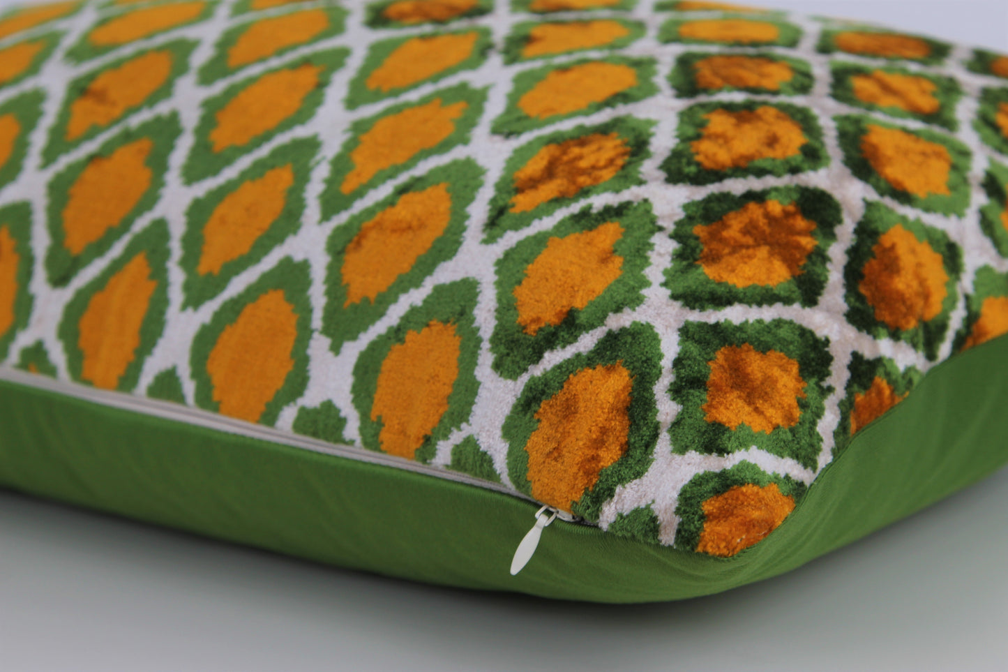 Silk Ikat Velvet Yellow and Green Harem Motif Cushion