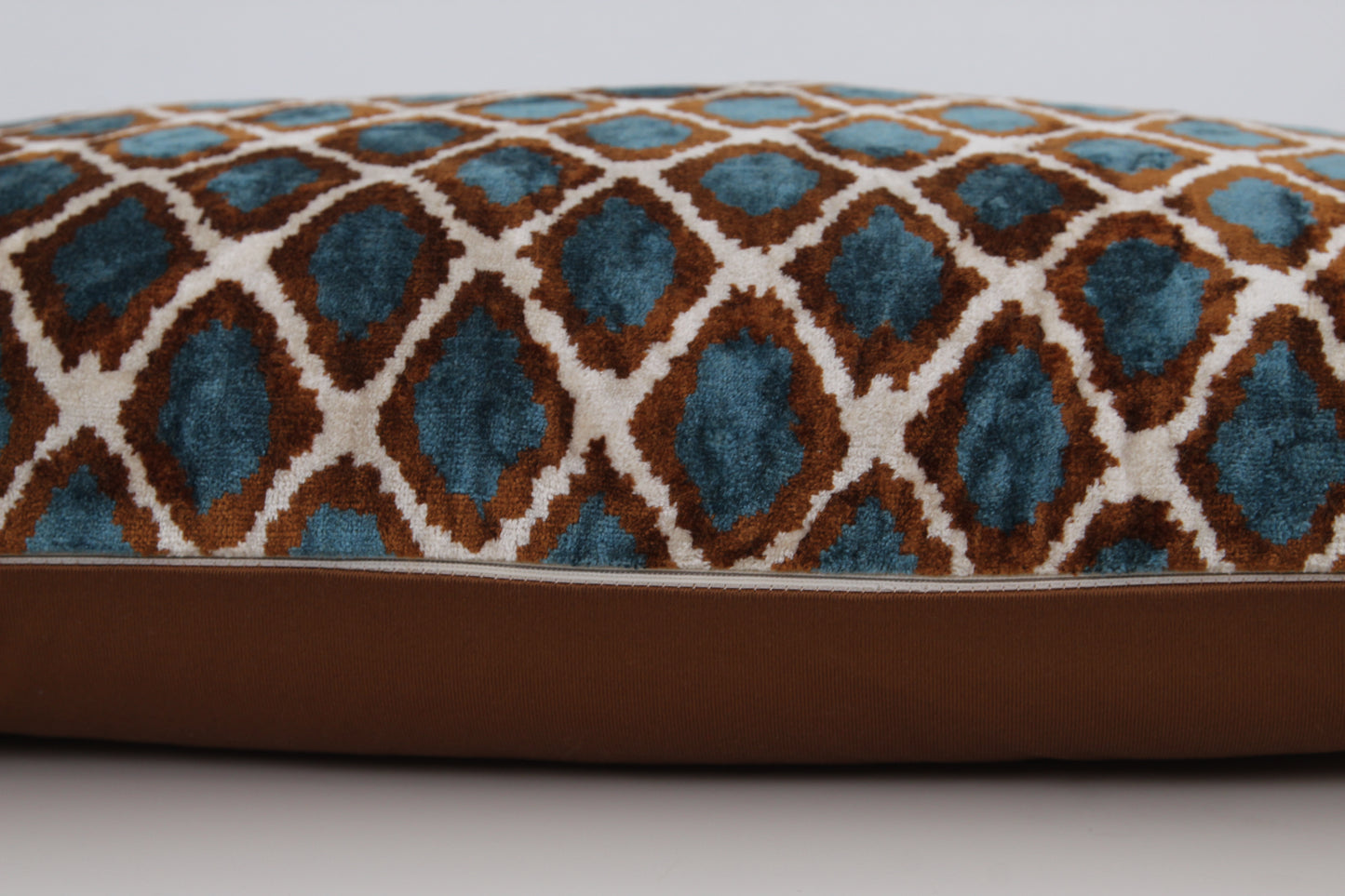 Silk Ikat Velvet Blue and Brown Harem Motif Cushion