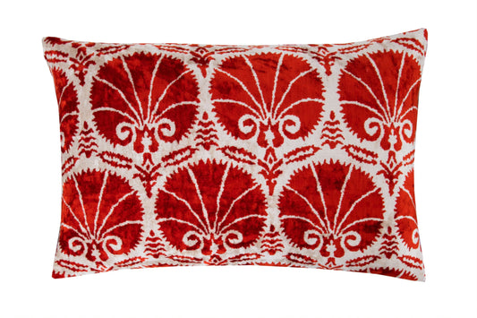 Silk Ikat Velvet Red and White Carnation Cushion