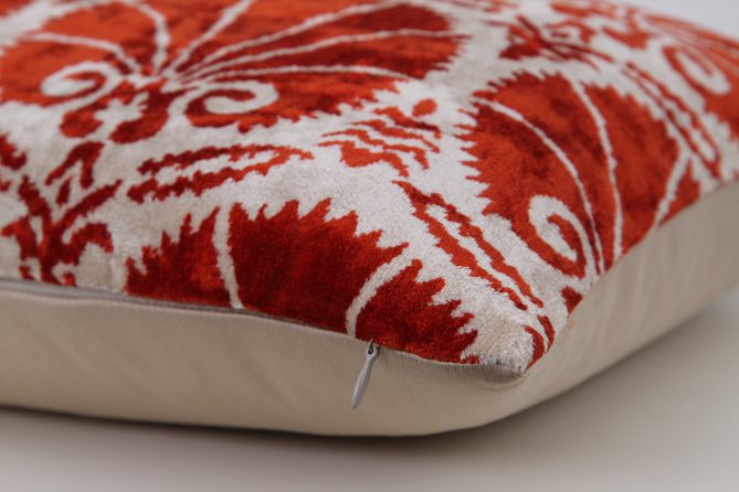 Silk Ikat Velvet Red and White Carnation Cushion