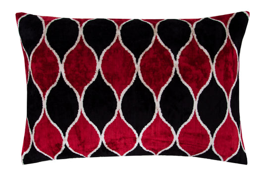 Silk Ikat Velvet Black and Red Oriental Motif Cushion