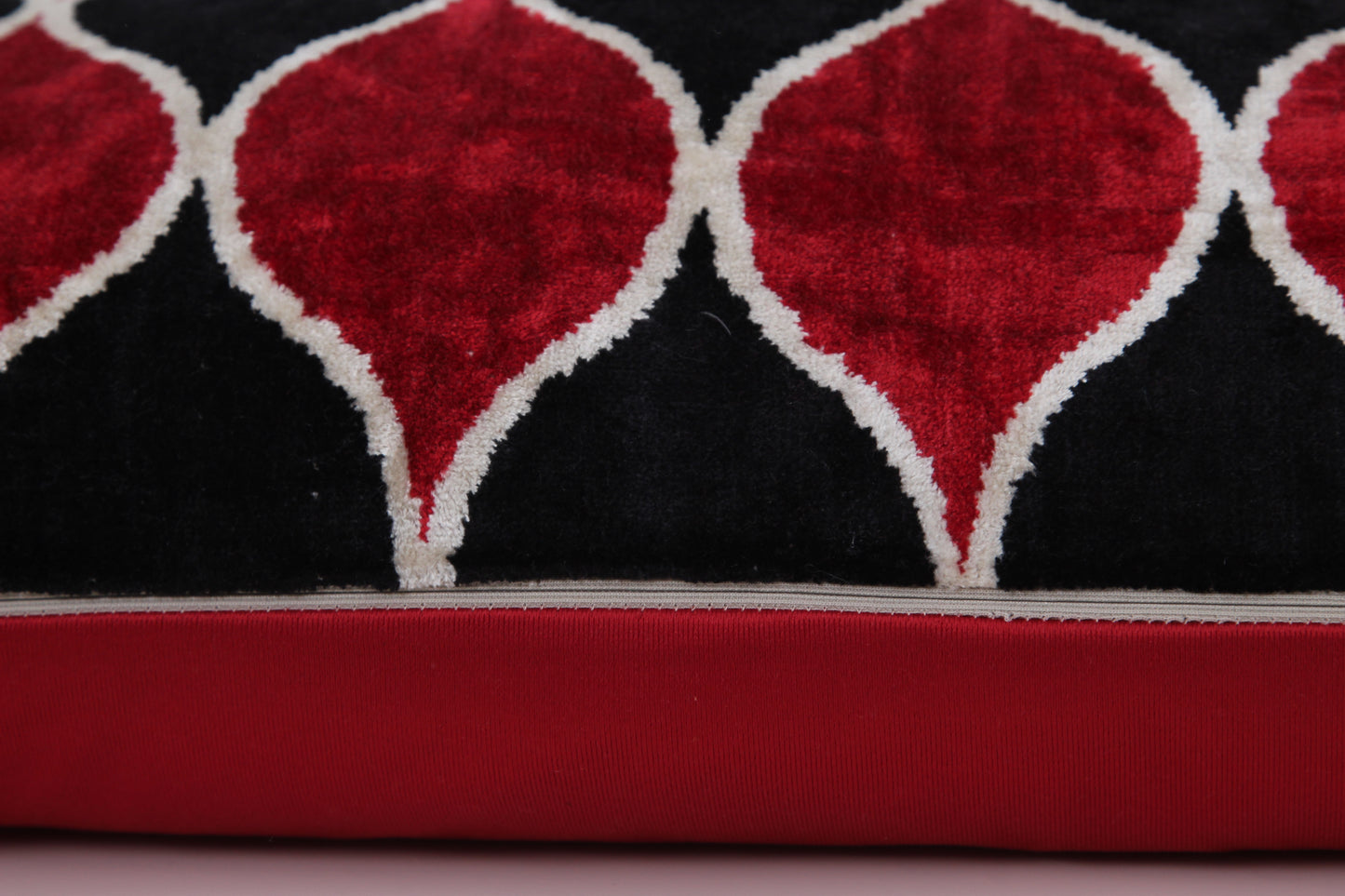 Silk Ikat Velvet Black and Red Oriental Motif Cushion