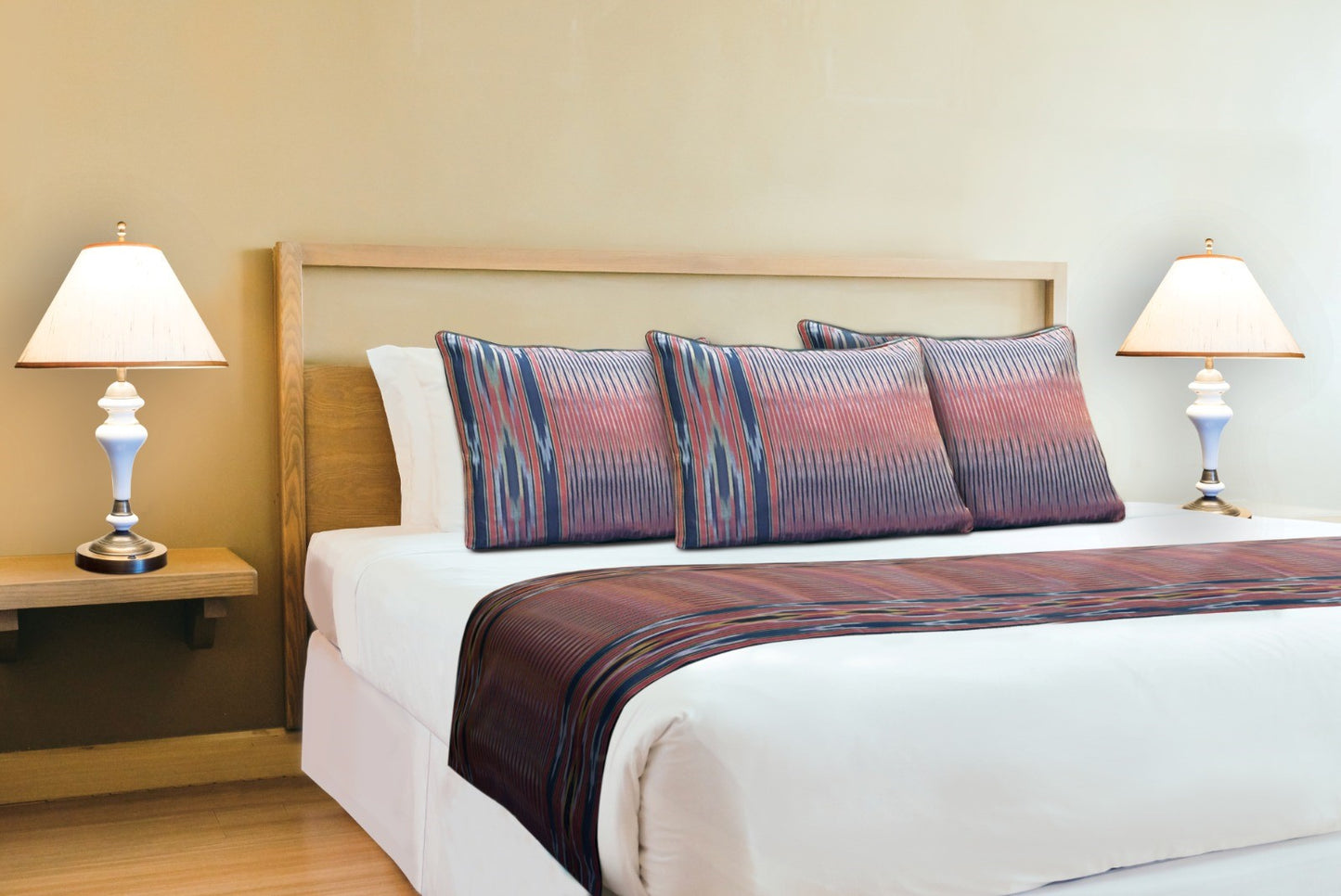 Handwoven Silk Blue Bedspread Runner and Cushion Set with Historic Pesthemal Ikat Motif