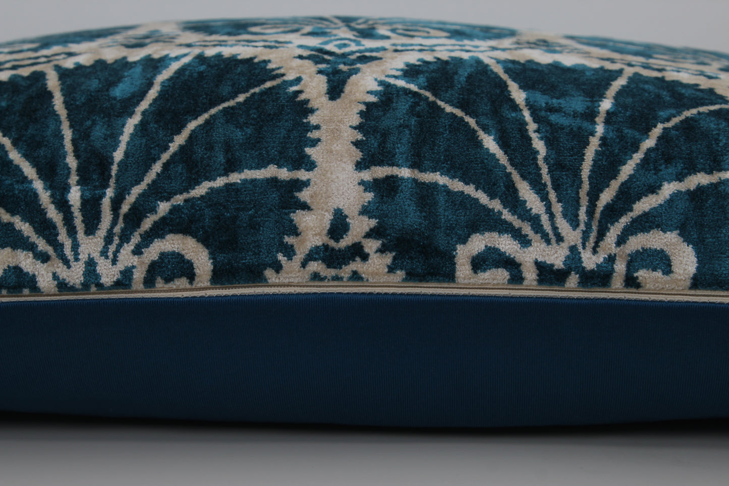 Silk Ikat Velvet Ocean Blue and White Carnation Cushion
