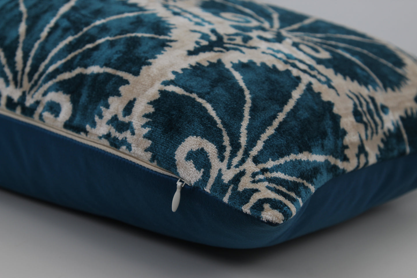 Silk Ikat Velvet Ocean Blue and White Carnation Cushion