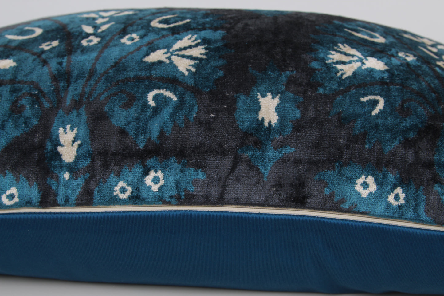 Silk Ikat Velvet Blue and Black Ottoman Carnation Cushion