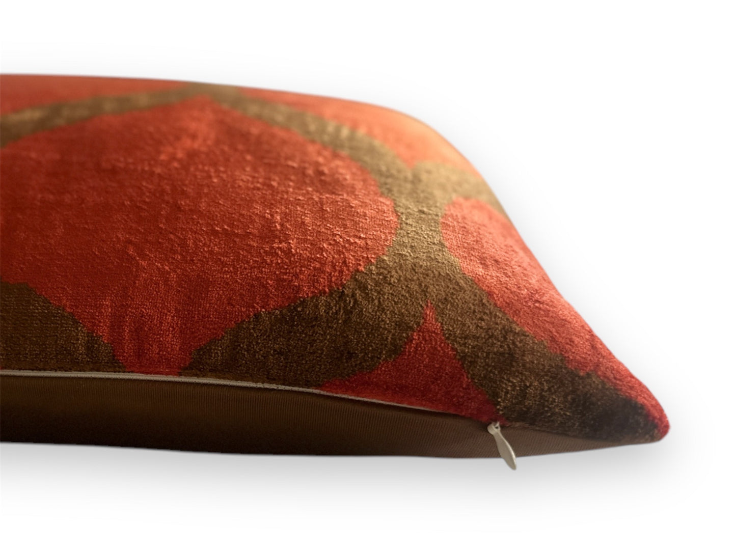 Silk Ikat Velvet Orange and Brown Oriental Motif Cushion