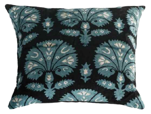 Silk Ikat Velvet Blue and Black Ottoman Carnation Cushion