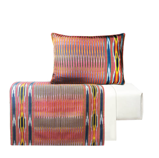 Handwoven Silk Blue Bedspread Runner and Cushion Set with Historic Pesthemal Ikat Motif