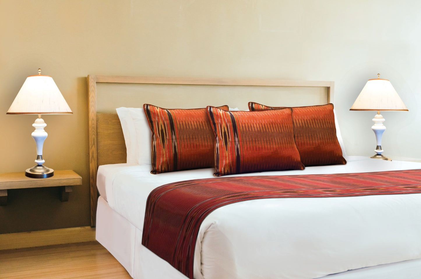Handwoven Silk Bedspread Runner and Cushion Set with Historic Pesthemal Ikat Motif