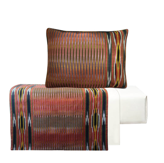 Handwoven Silk Black Bedspread Runner and Cushion Set with Historic Pesthemal Ikat Motif