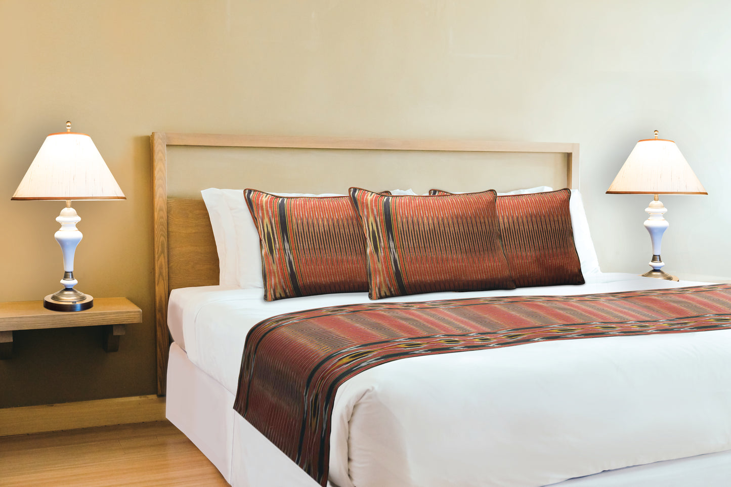 Handwoven Silk Black Bedspread Runner and Cushion Set with Historic Pesthemal Ikat Motif