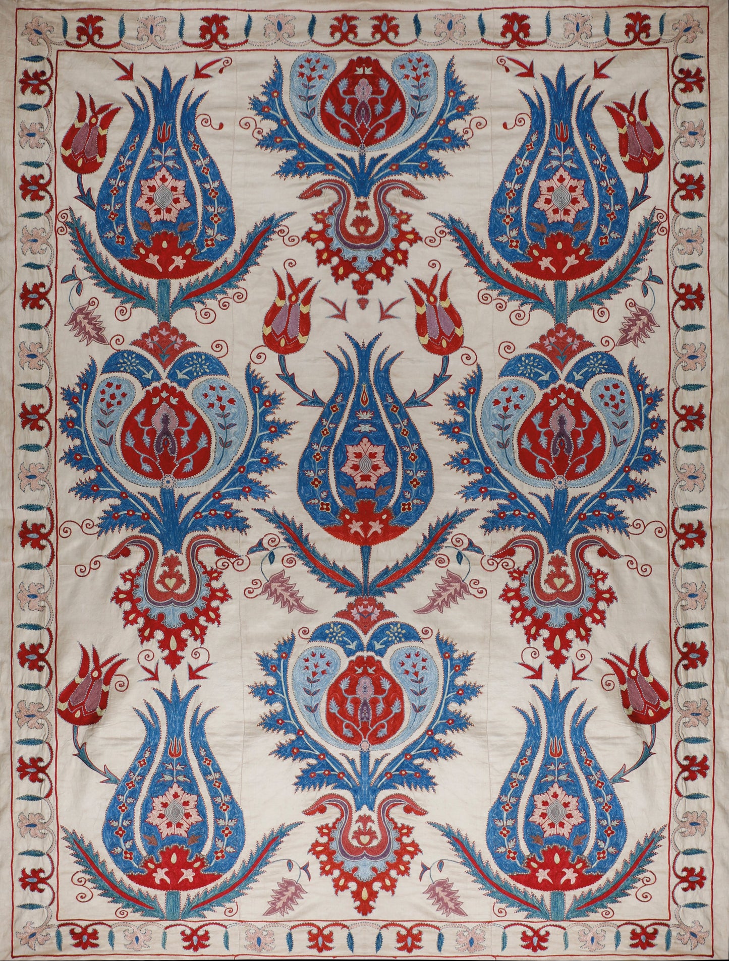 Ottoman Silk Blue Tulip Embroidered Suzani Tapestry