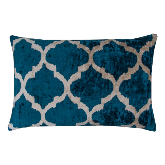 Silk Ikat Velvet Bosporus Blue and White Oriental Motif Cushion