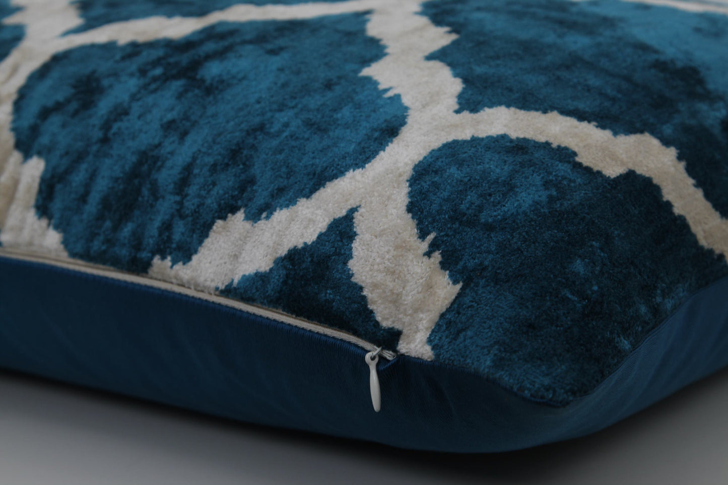 Silk Ikat Velvet Bosporus Blue and White Oriental Motif Cushion