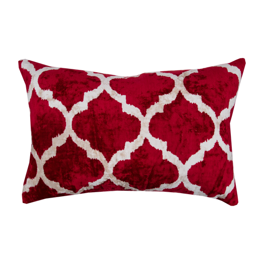 Silk Ikat Velvet Burgundy and White Oriental Motif Cushion