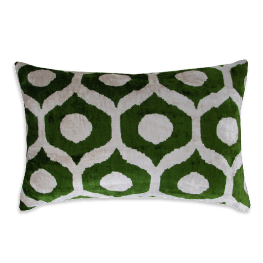 Silk Ikat Velvet Deep Green and White Dots Cushion