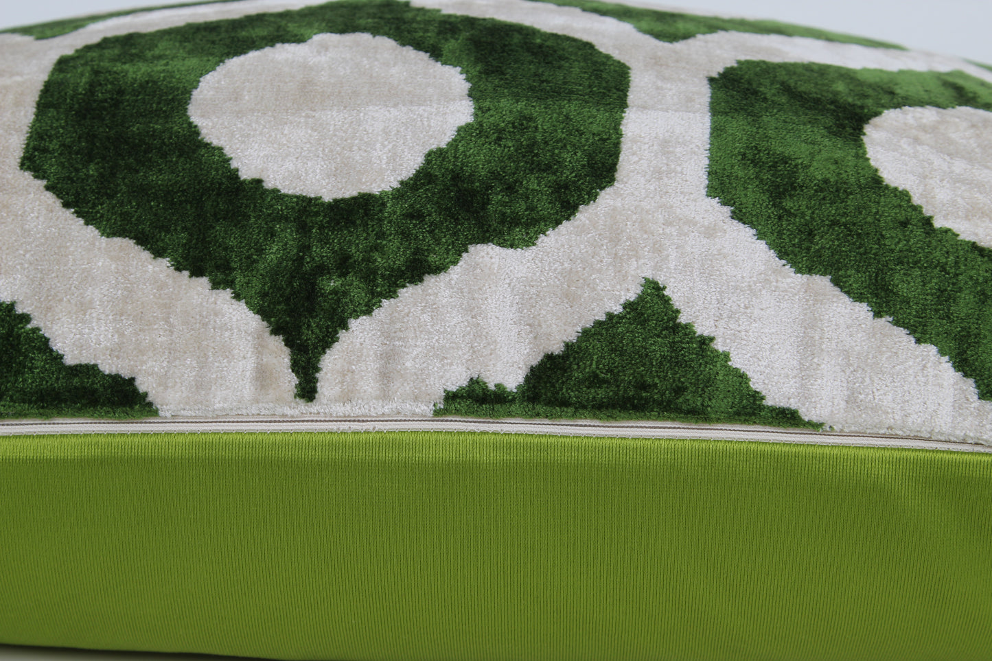 Silk Ikat Velvet Deep Green and White Dots Cushion