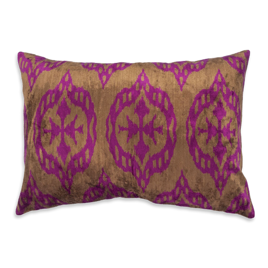 Silk Ikat Velvet Fuchsia and Brown Cushion