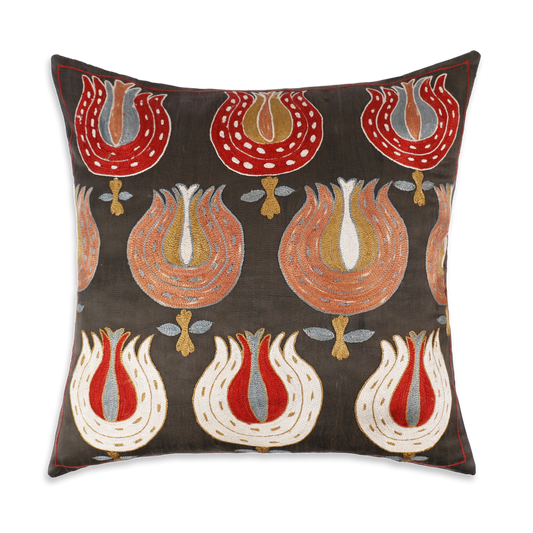 Silk Embroidered Suzani Brown Pomegranates Cushion