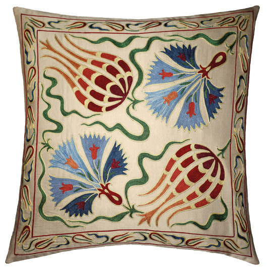Silk Embroidered Suzani Tulip and Carnation Cushion