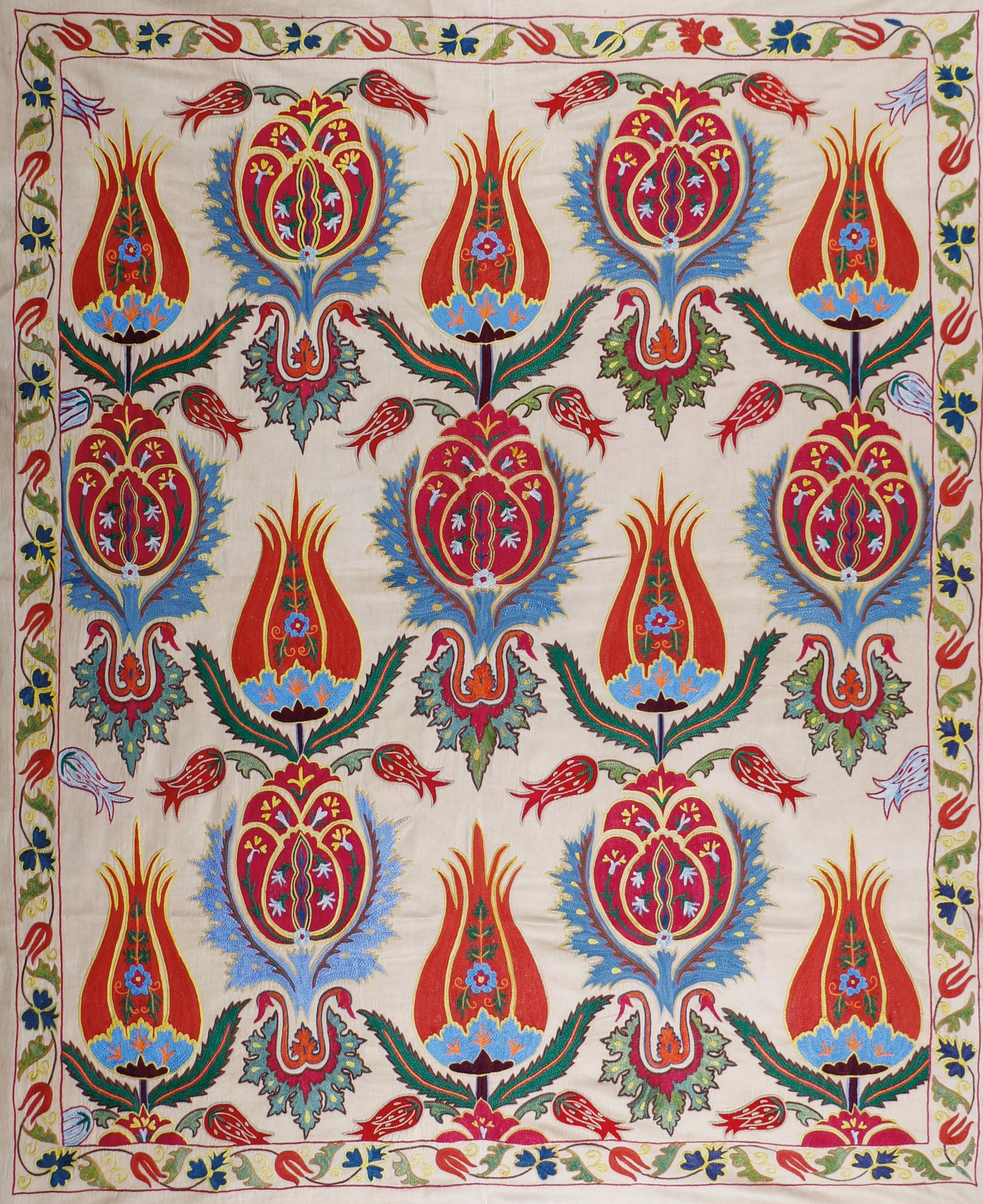 Ottoman Silk Red Tulip Embroidered Suzani Tapestry