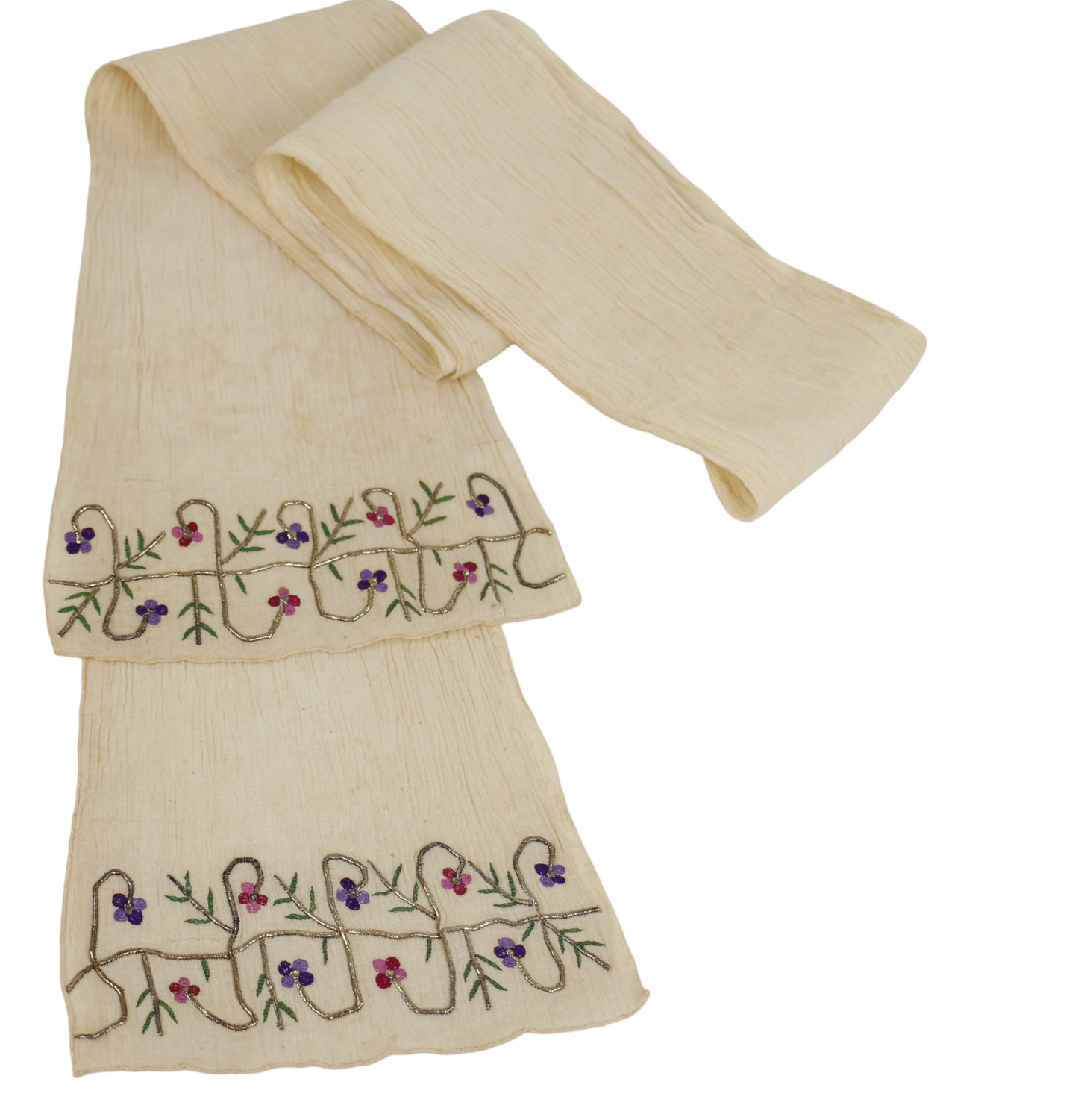 Ottoman Antique Turkish Linen textile embroidered with floral patterns in silk and Gold Metallic thread (Late 19th Century)