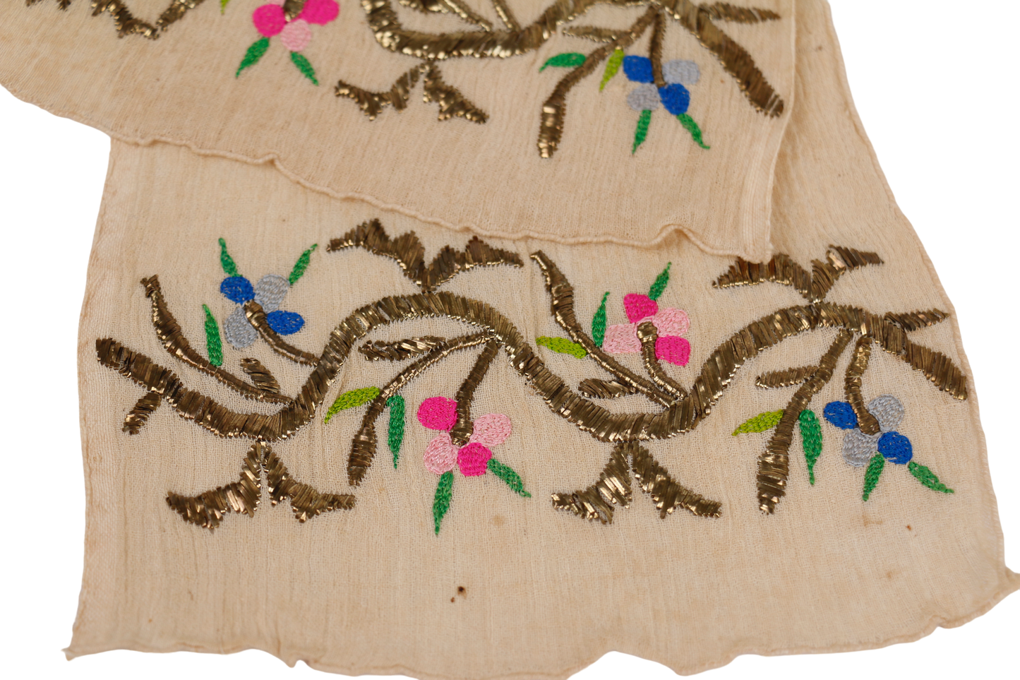 Ottoman Antique Turkish Linen textile embroidered with floral patterns in silk and Gold Metallic thread (Late 19th Century)