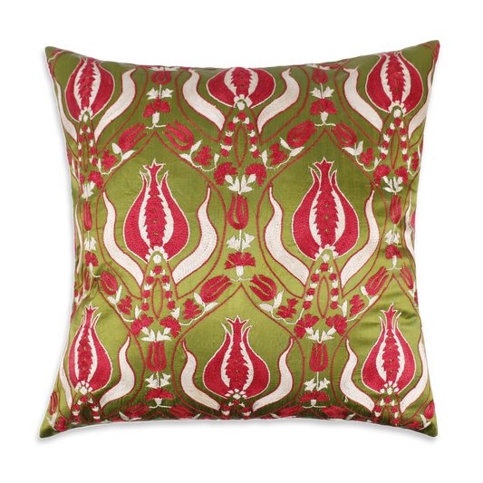Silk Embroidered Suzani Green Ottoman Tulip Cushion