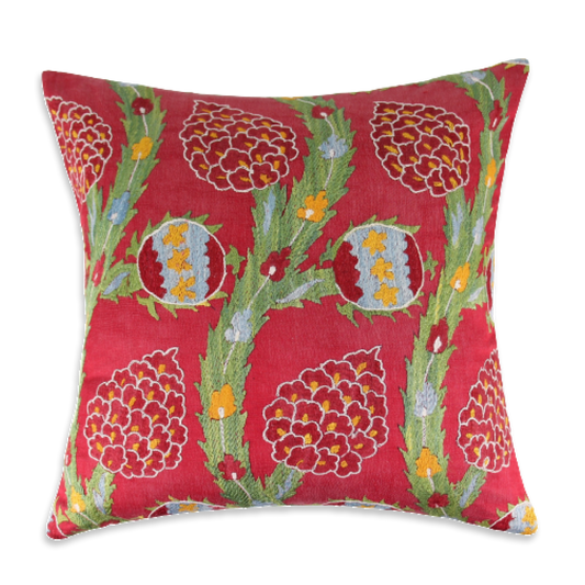 Silk Embroidered Antique Red Pomegranates Motif Cushion