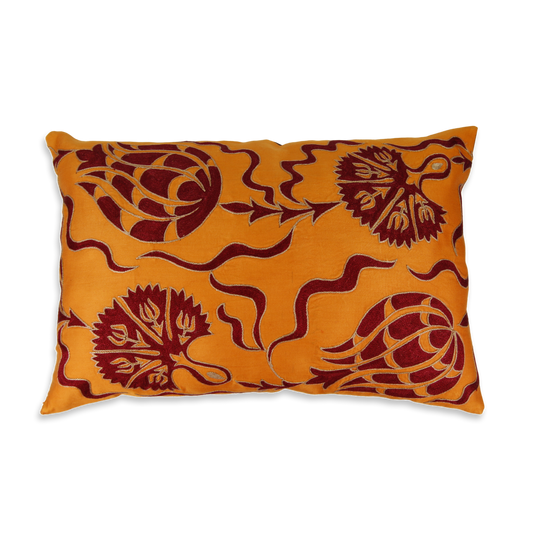 Silk Hand Embroidered Suzani Orange Carnation and Tulip Cushion