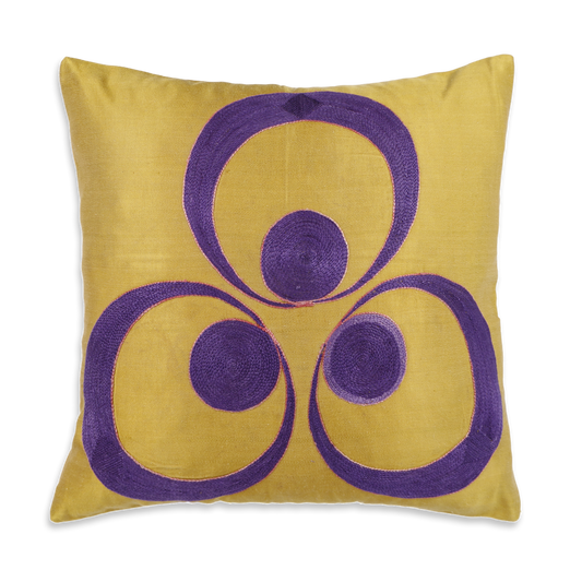 Silk Embroidered Suzani Purple and Yellow Chintamani Cushion