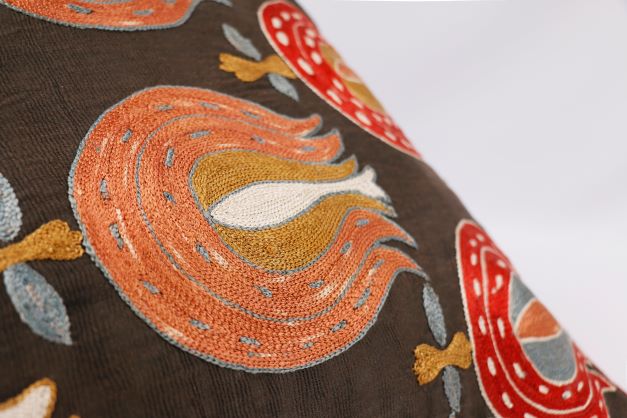 Silk Embroidered Suzani Brown Pomegranates Cushion