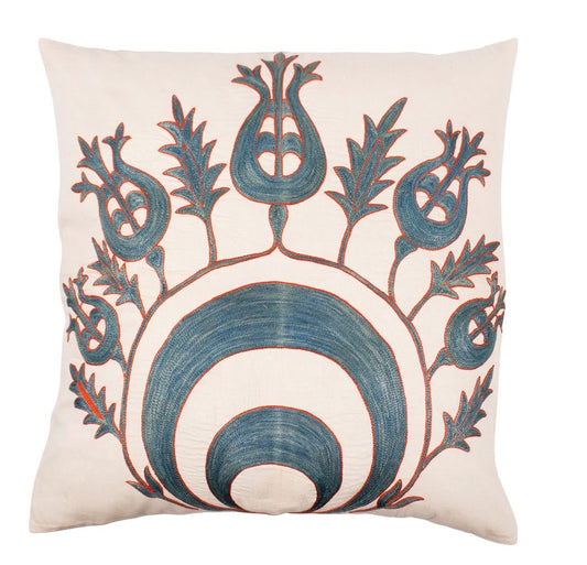 Silk Embroidered Suzani Green Ottoman Antique Tulips Cushion