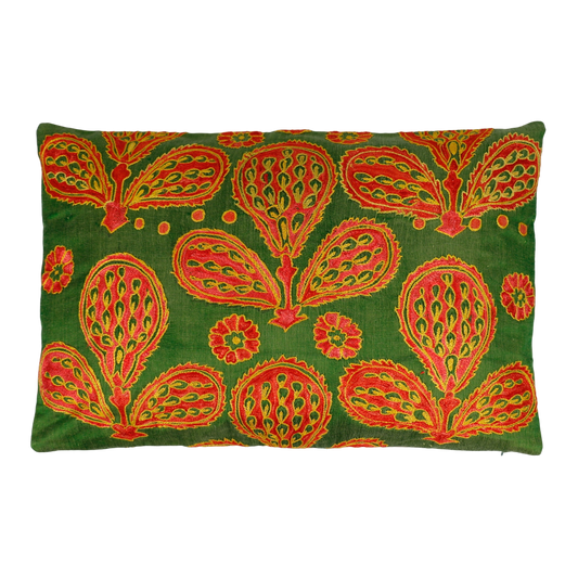 Silk Embroidered Suzani Green and Orange Ottoman Antique Motif Cushion