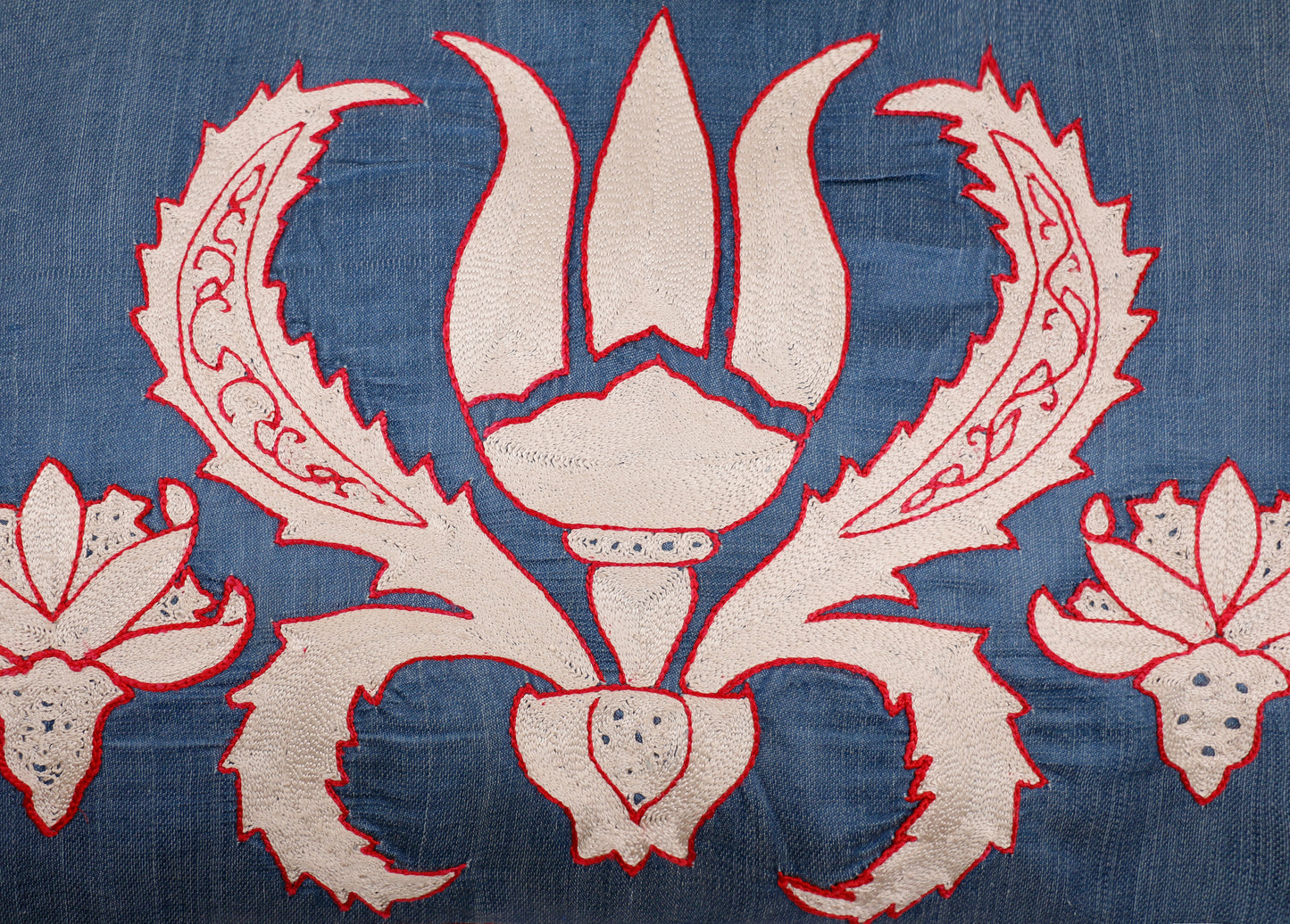 Silk Embroidered Suzani Blue Antique Kaftan Tulips Cushion