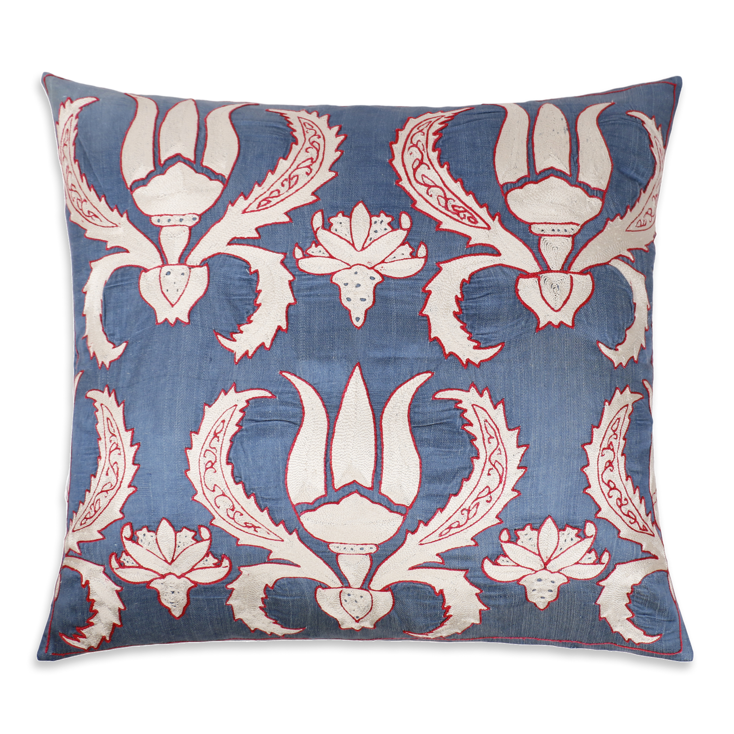 Silk Embroidered Suzani Blue Antique Kaftan Tulips Cushion