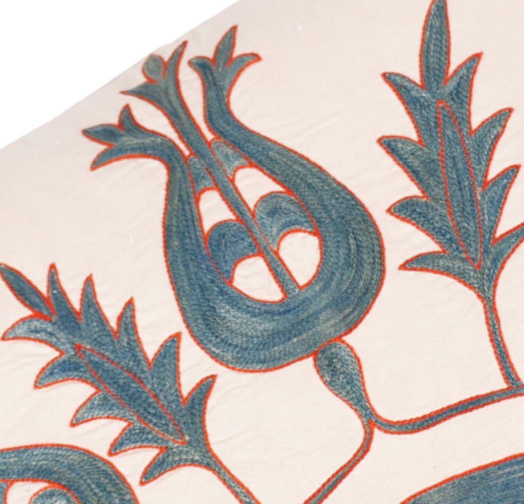 Silk Embroidered Suzani Green Ottoman Antique Tulips Cushion