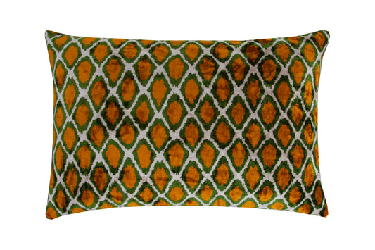 Silk Ikat Velvet Yellow and Green Harem Motif Cushion