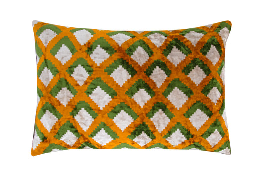 Silk Ikat Velvet Green and Yellow Topkapi Motif Cushion