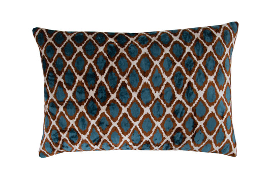 Silk Ikat Velvet Blue and Brown Harem Motif Cushion