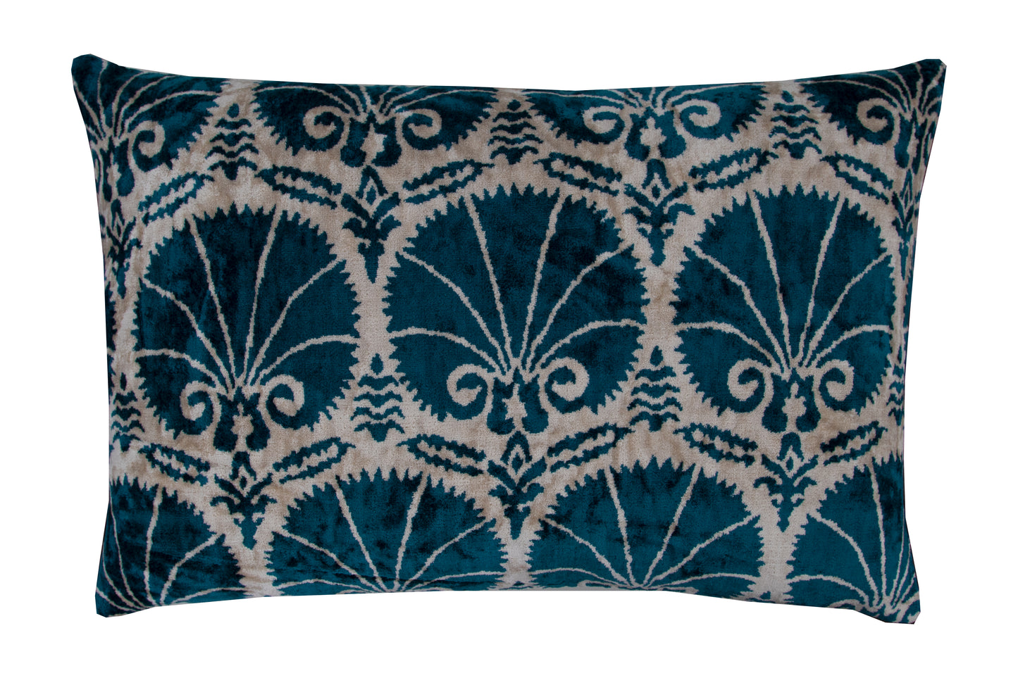 Silk Ikat Velvet Ocean Blue and White Carnation Cushion