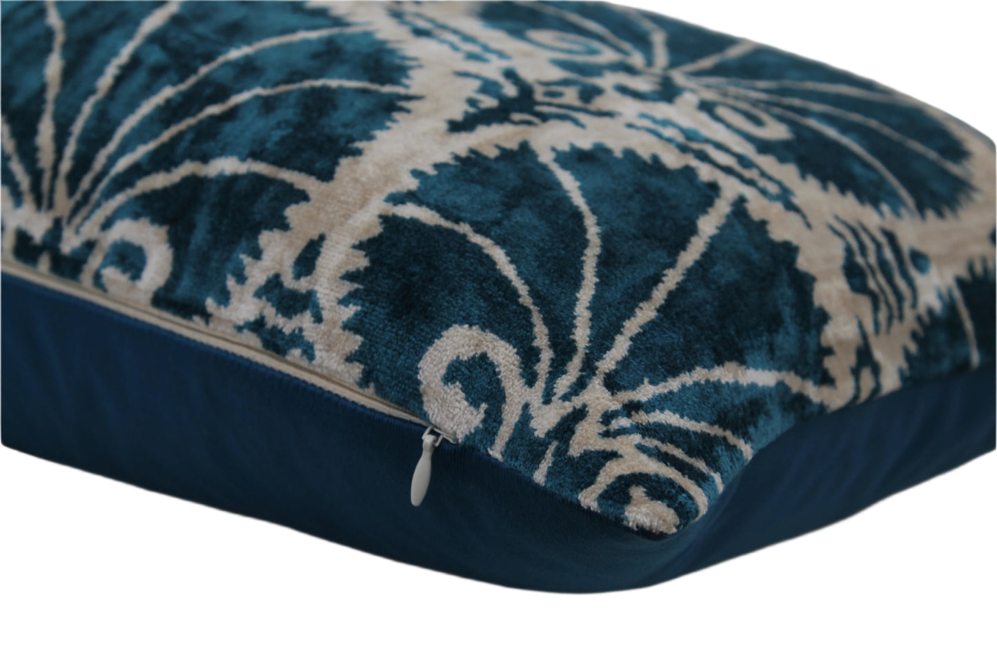 Silk Ikat Velvet Ocean Blue and White Carnation Cushion