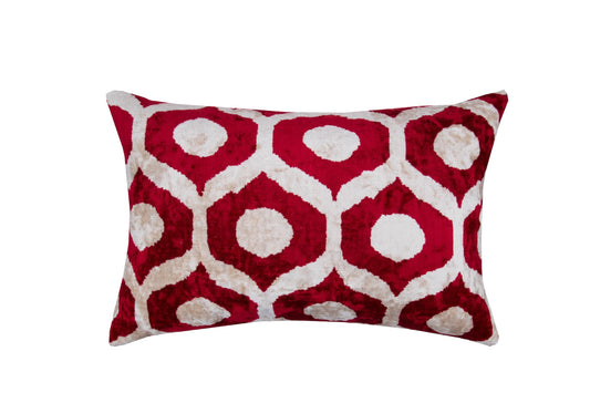 Silk Ikat Velvet Red and White Dots Cushion