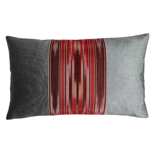 Ottoman Court Silk Ikat Pesthemal Motif Red and Grey Cushion