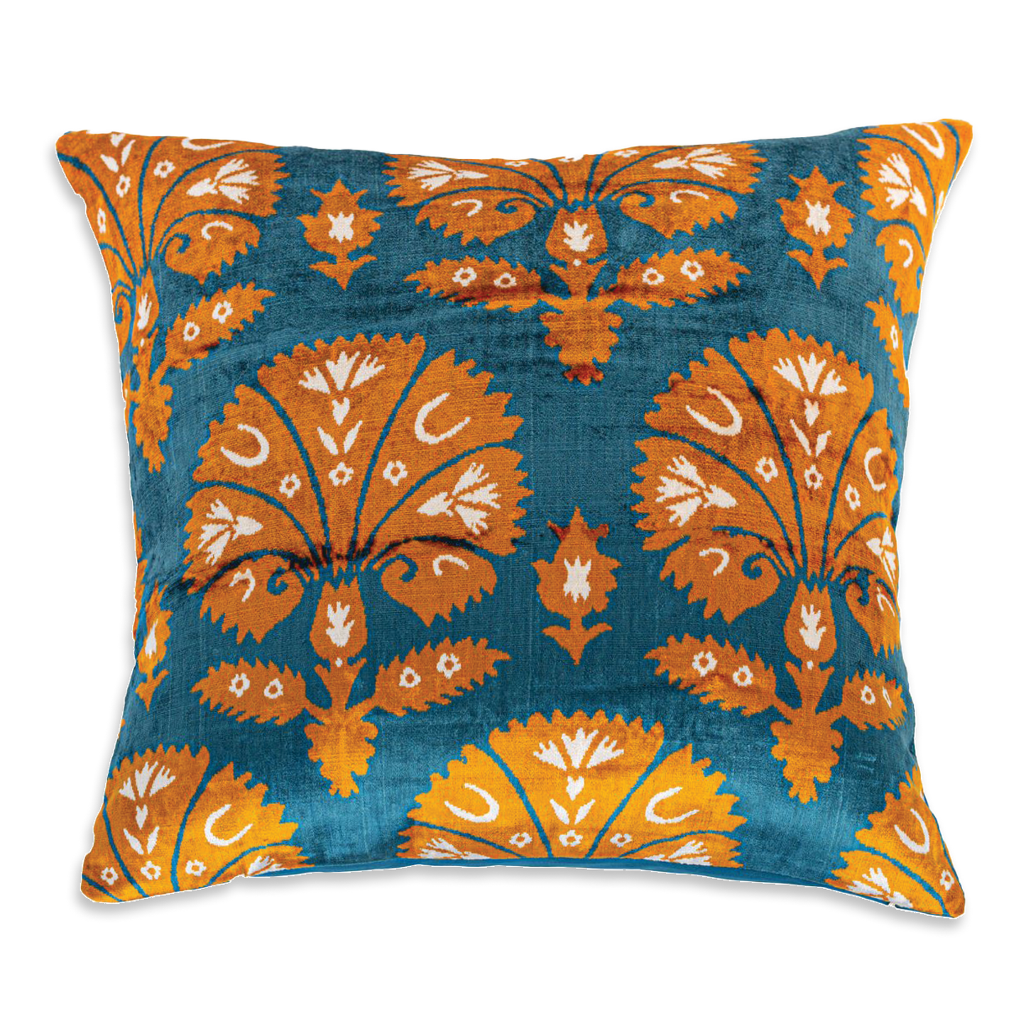 Silk Ikat Velvet Blue and Yellow Ottoman Carnation Cushion