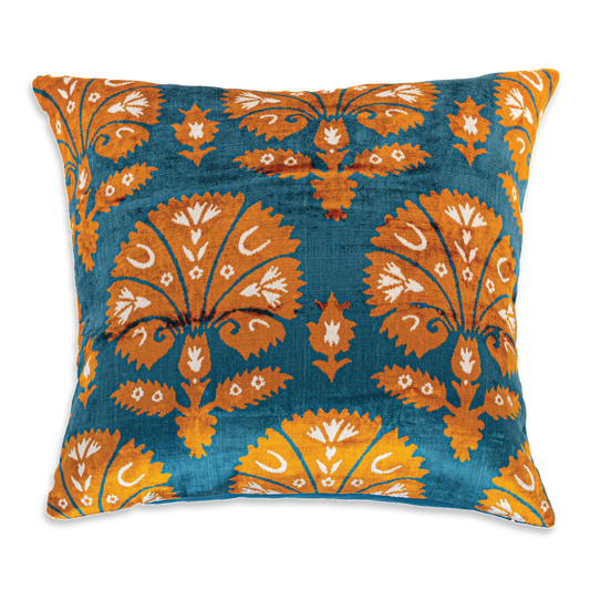 Silk Ikat Velvet Blue and Yellow Ottoman Carnation Cushion
