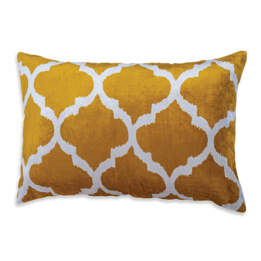 Silk Ikat Velvet White and Yellow Oriental Motif Cushion